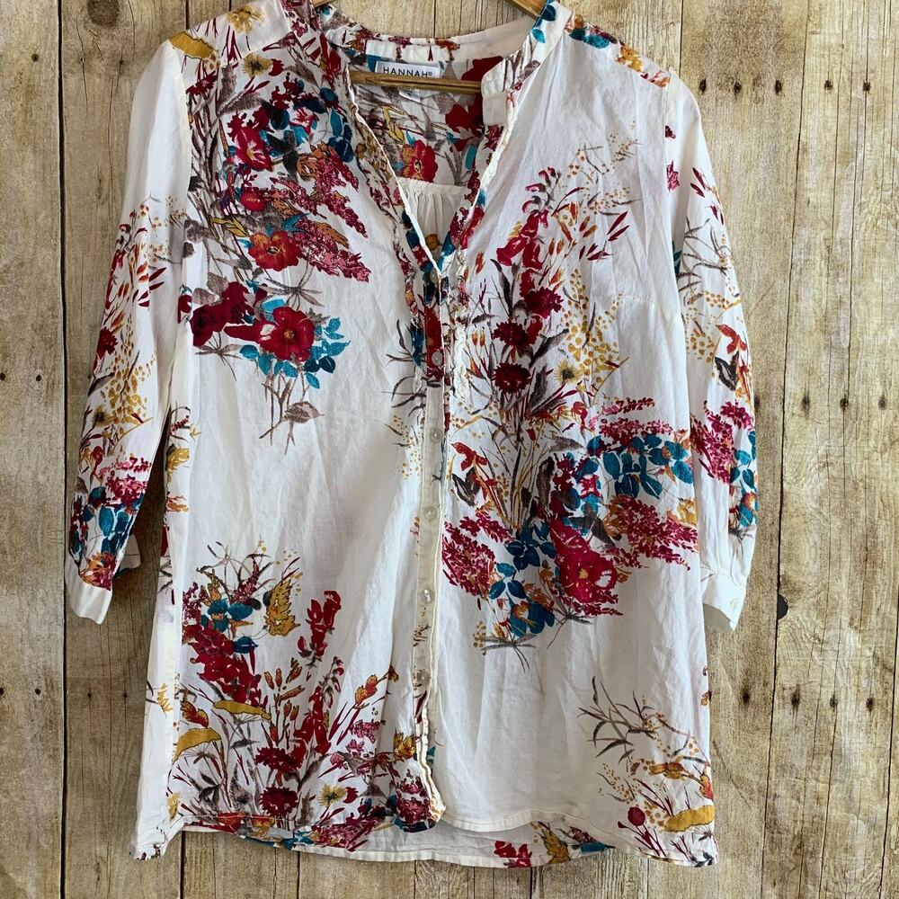 Hannah Floral V-Neck Button Up 100% Cotton Blouse Womens Small Cottage Boho